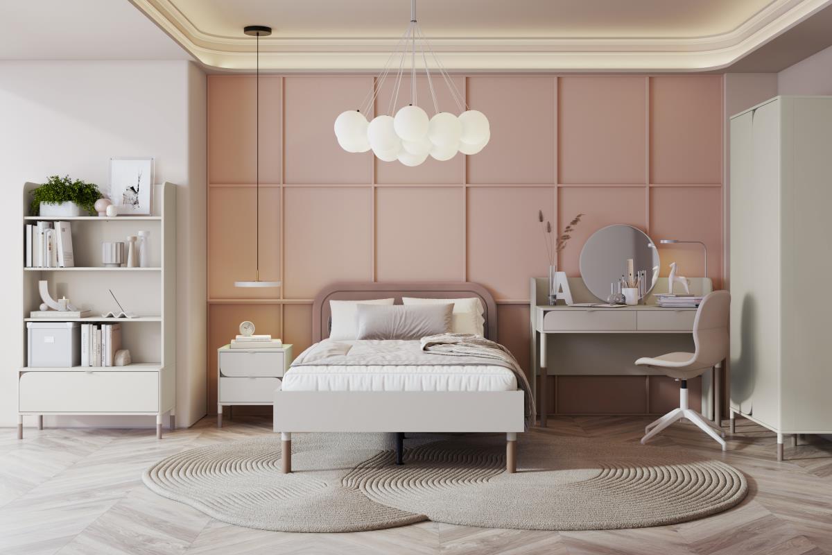 Meisjeskamer ingericht met bed, kast en bureau