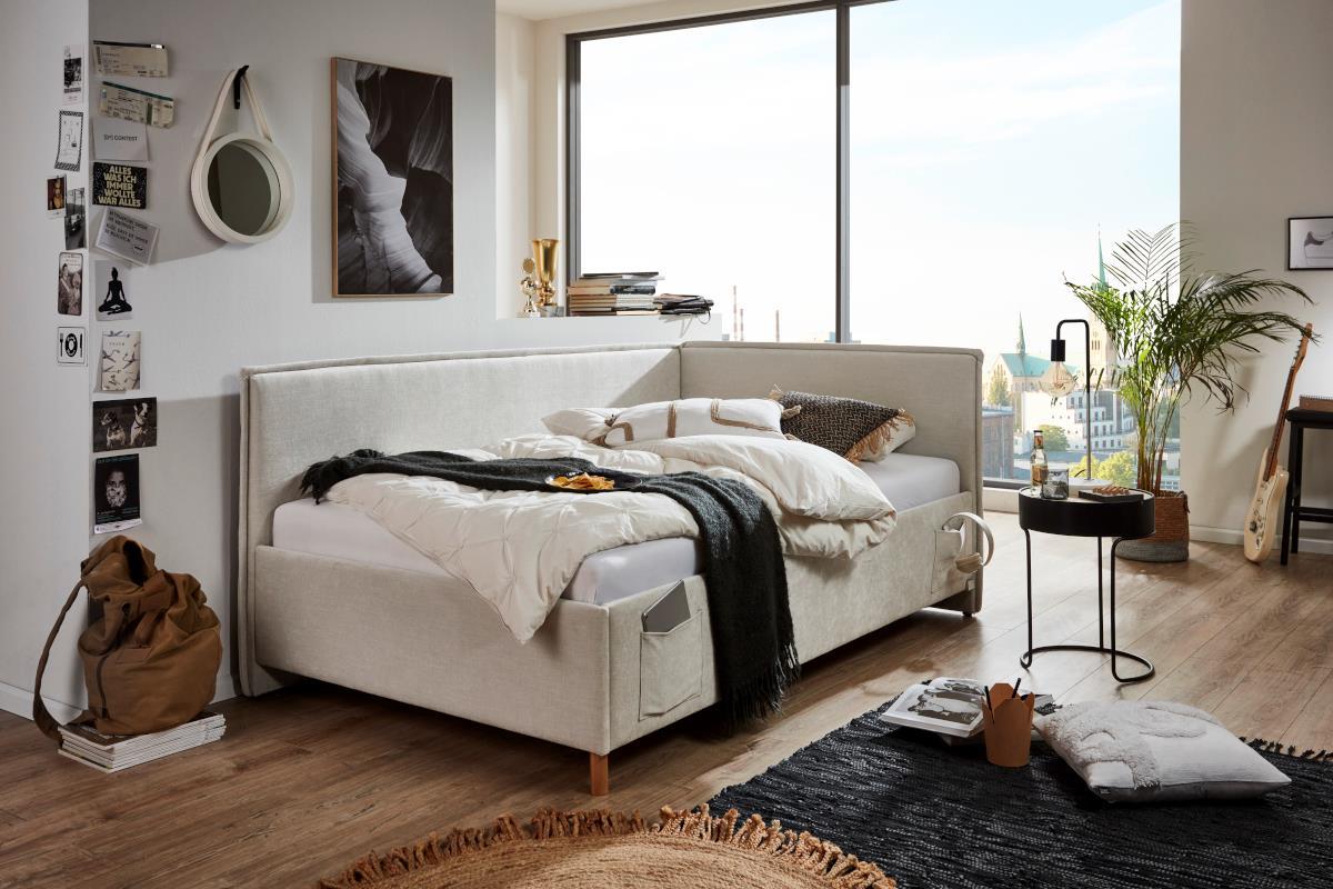 Gestoffeerd Bed Fun 120/200 met rugleuning Beige