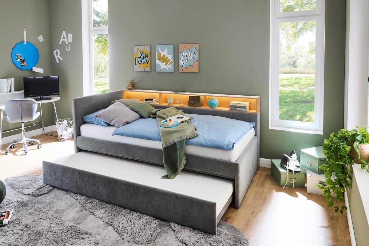 Gestoffeerd Bed Uno 120/200 met Slaaplade Grijs/Eiken