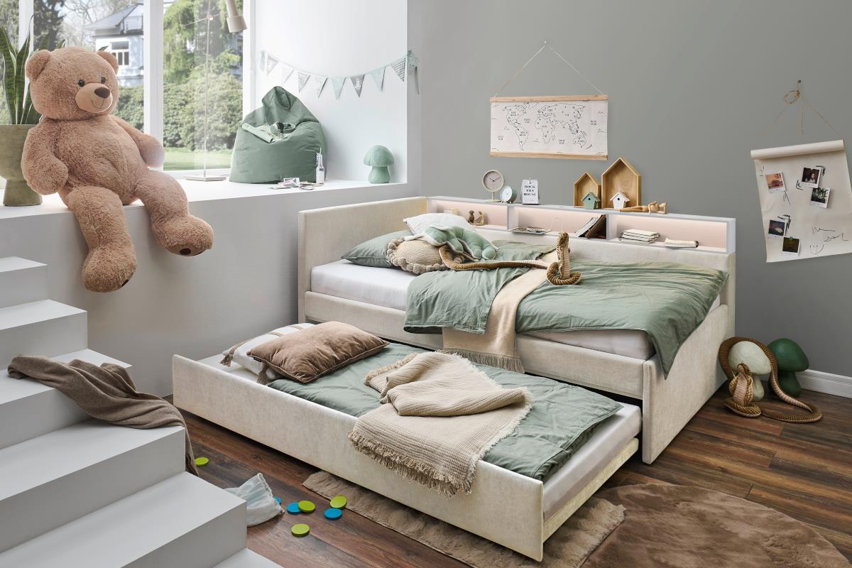 Uno Gestoffeerd Bed 120/200 met Slaaplade Beige/Wit