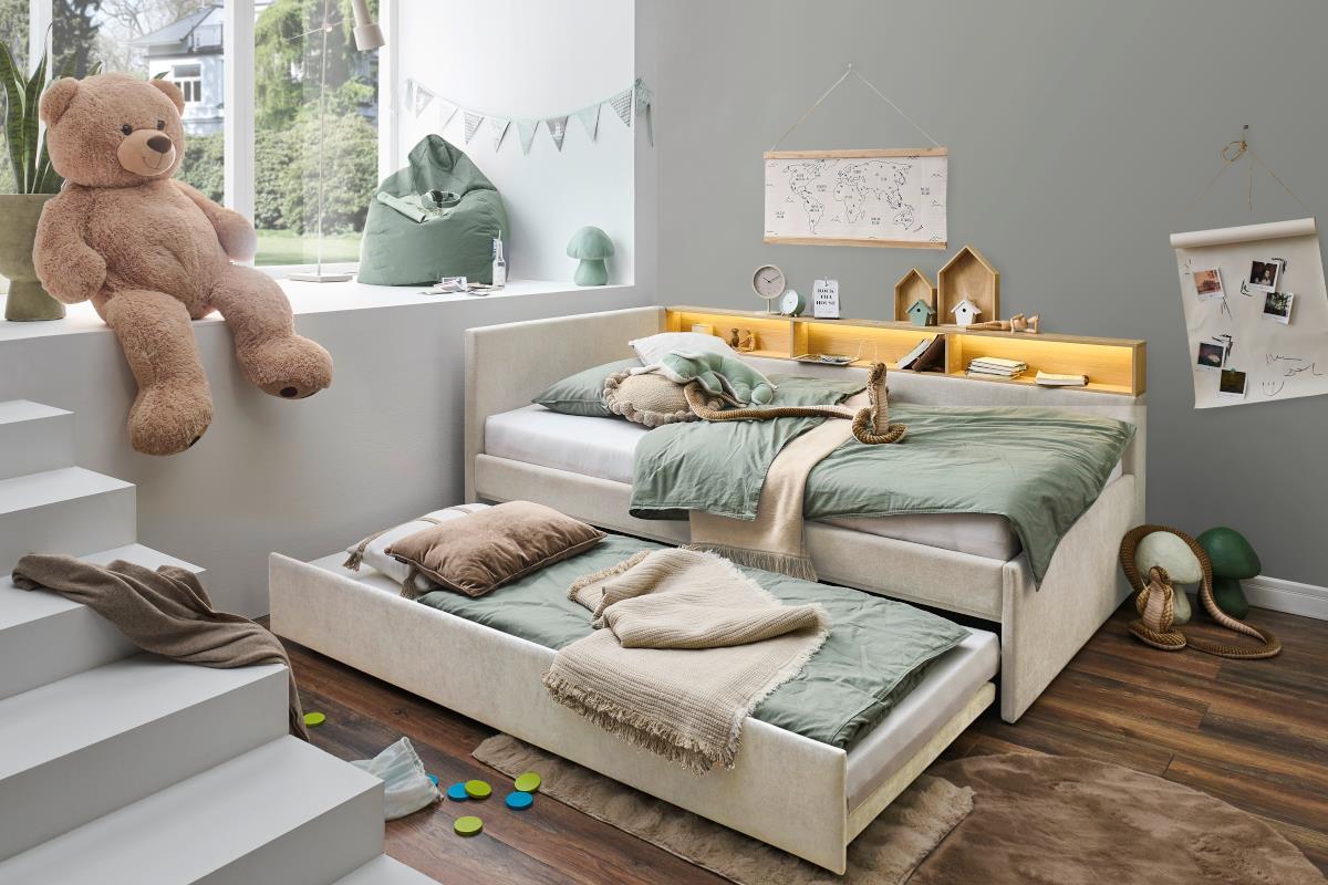 Gestoffeerd Bed Uno 90/200 met Slaaplade Beige/Eiken