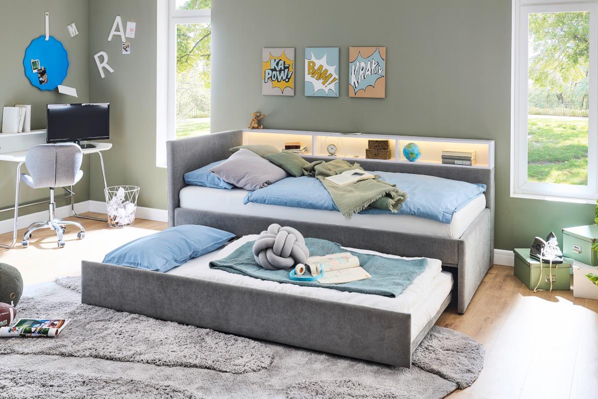 Gestoffeerd Bed Uno 90/200 met Slaaplade Grijs/Wit