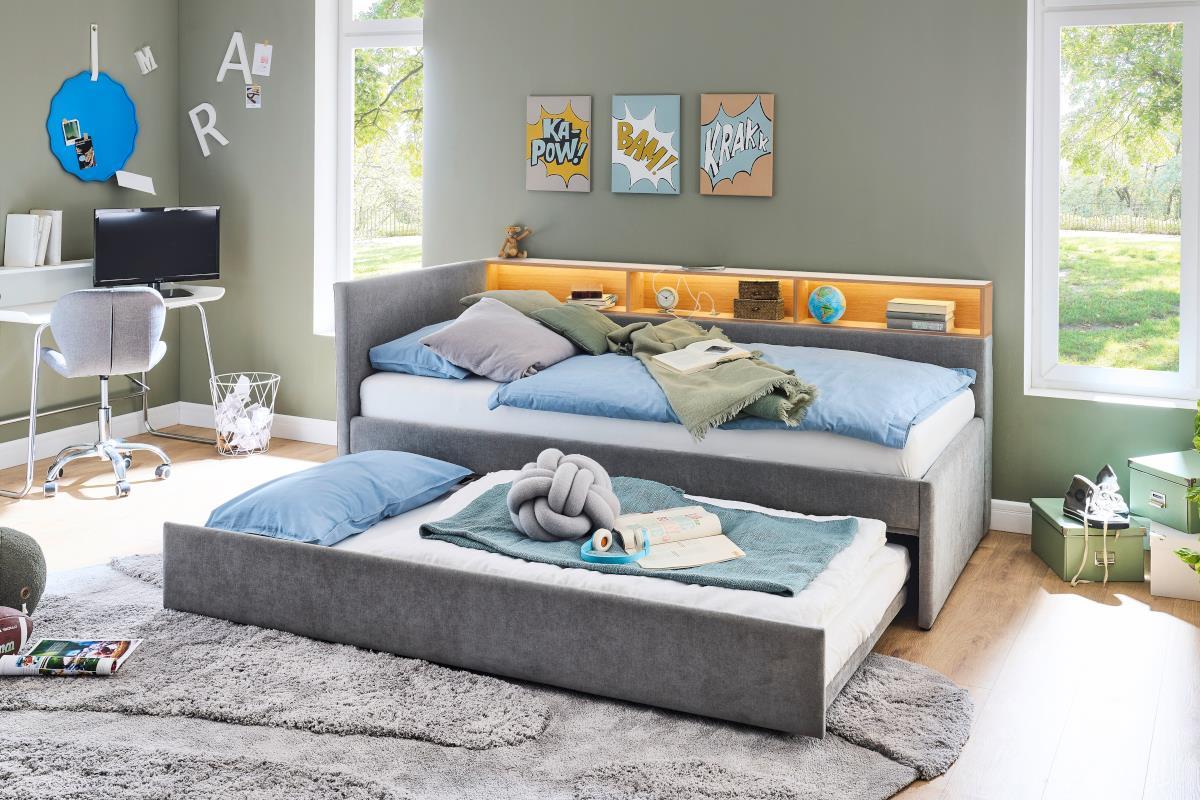 Uno Gestoffeerd Bed 90/200 met Slaaplade Grijs/Eiken