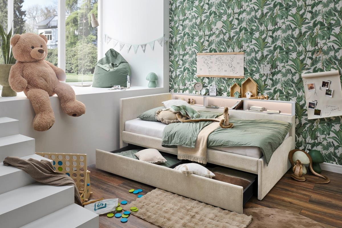 Gestoffeerd Bed Uno 120/200 met Opberglade Beige/Wit