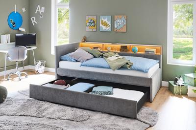 Gestoffeerd Bed Uno 120/200 met Opberglade Grijs/Eiken