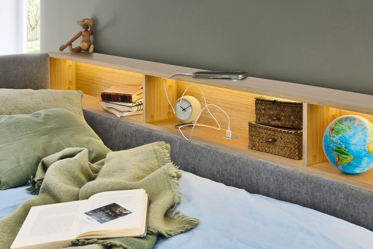 Uno Gestoffeerd Bed Grijs Eiken close-up