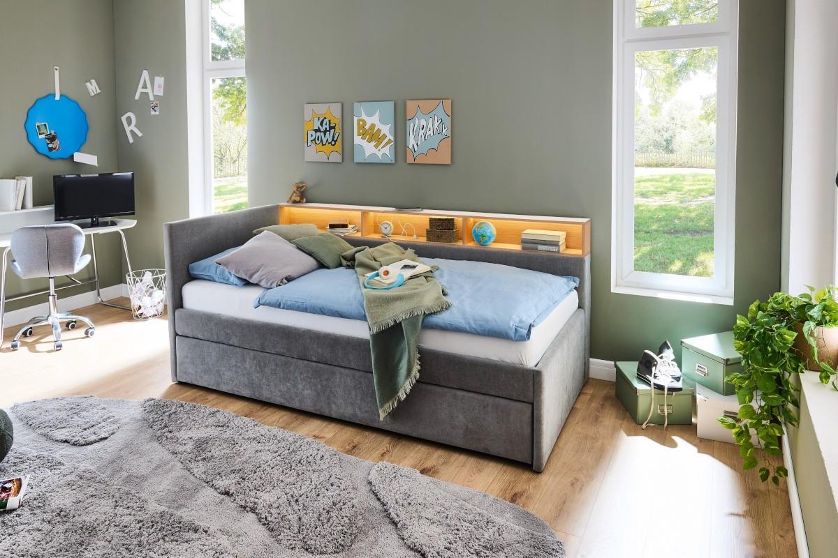 Uno Gestoffeerd Bed Grijs Eiken