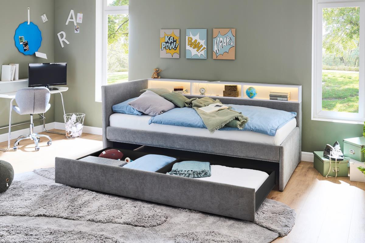 Gestoffeerd Bed Uno 120/200 met Opberglade Grijs/Wit