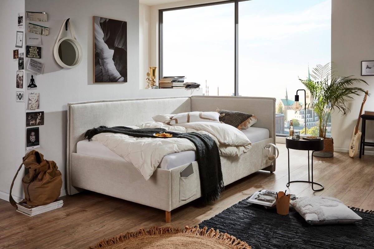 Gestoffeerd Bed Fun 120x200 met rugleuning Beige hoofdfoto