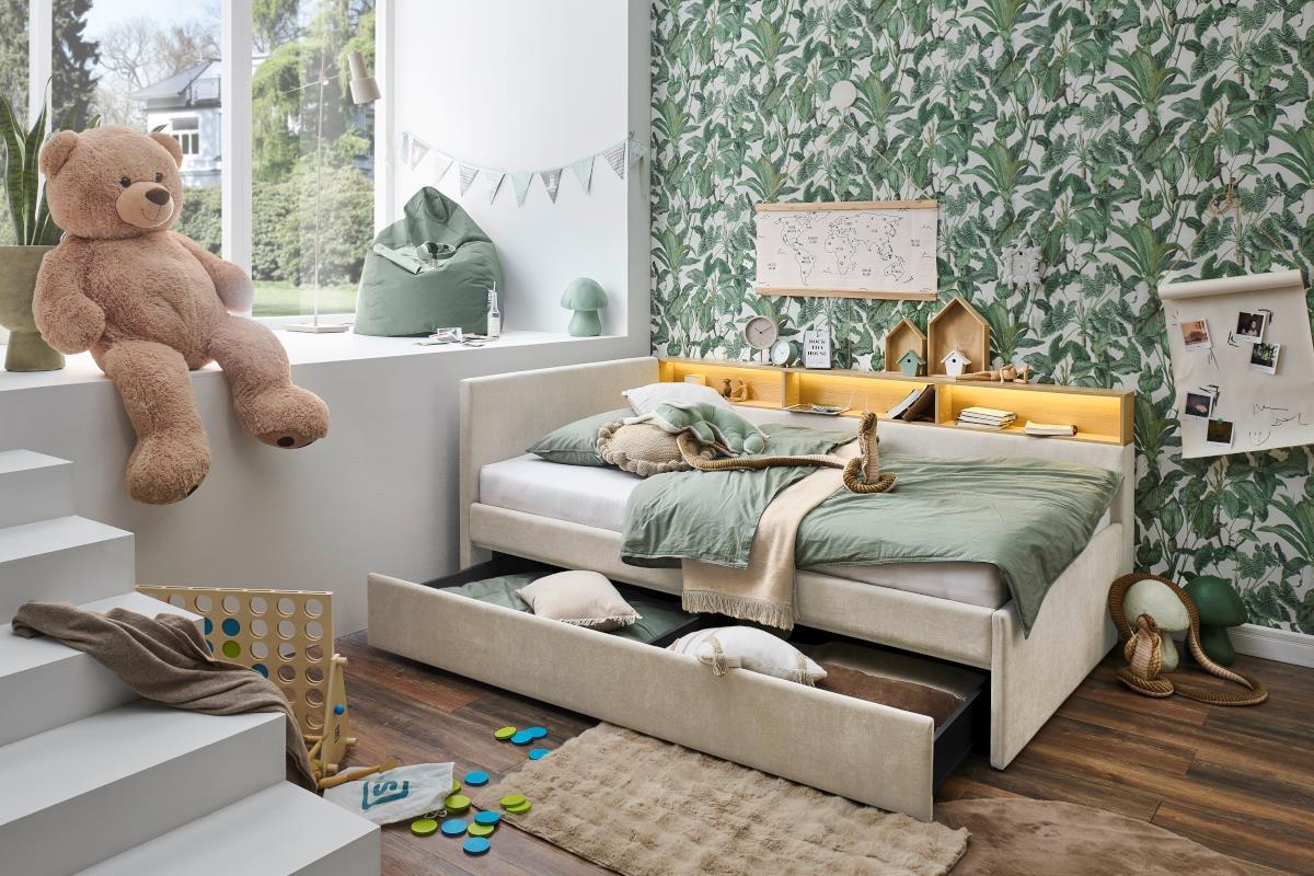 Gestoffeerd Bed Uno 140/200 met Opberglade Beige/Eiken