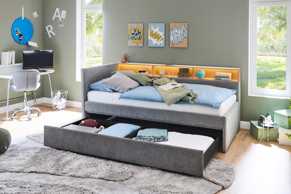 Gestoffeerd Bed Uno 140/200 met Opberglade Grijs/Eiken