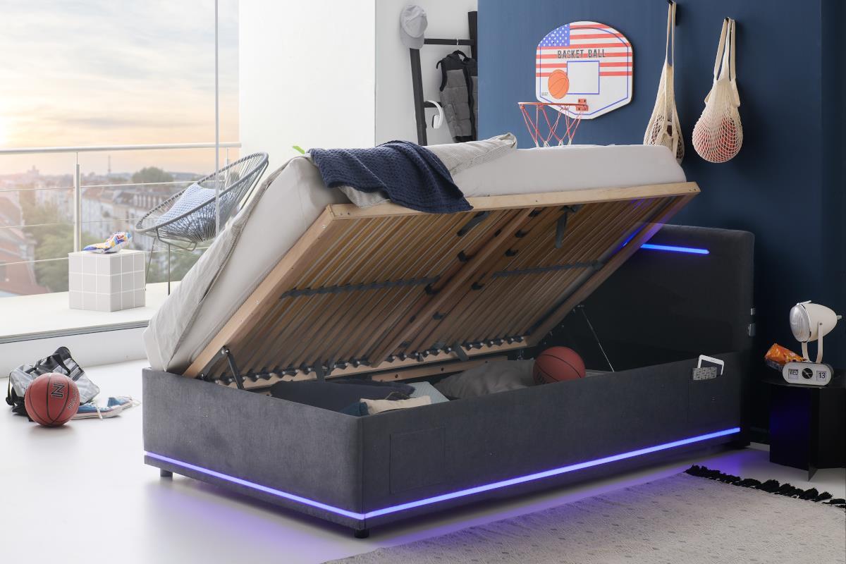 Gestoffeerd Opbergbed Circle 140/200 Antraciet incl. LED