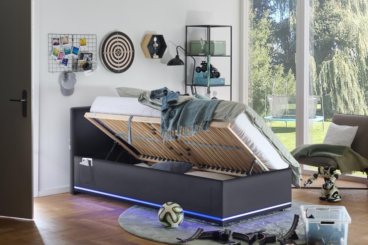 Gestoffeerd Opbergbed Circle 90/200 Zwart incl. LED