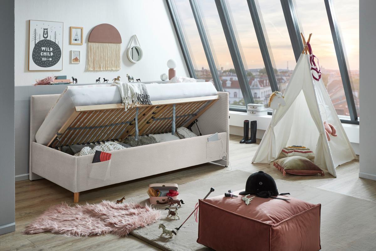 Gestoffeerd Opbergbed Cool 90/200 met rugleuning Beige