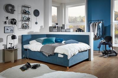 Gestoffeerd Bed Cool 90x200 met rugleuning Blauw hoofdfoto