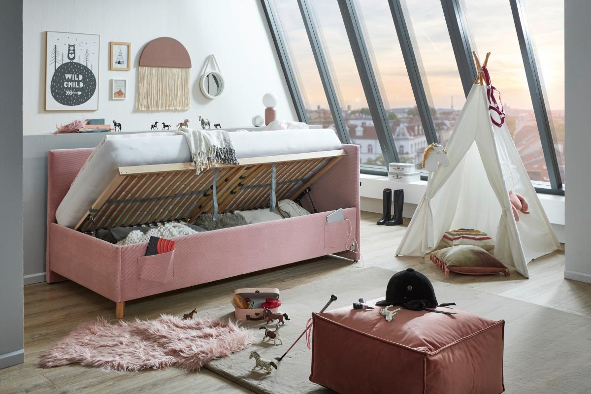  Gestoffeerd Opbergbed Cool 90/200 met rugleuning Roze