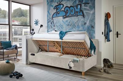 Gestoffeerd Opbergbed Fun 90/200 met rugleuning Beige