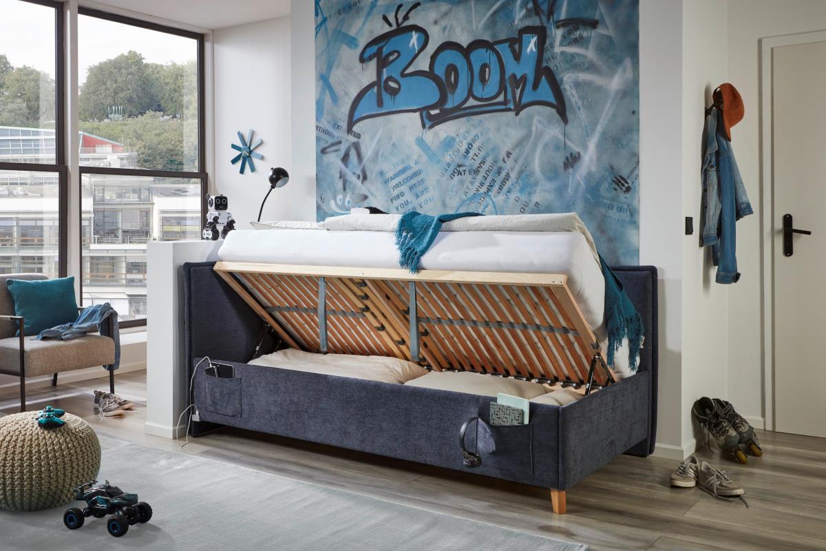 Gestoffeerd Opbergbed Fun 90/200 met rugleuning Donker Blauw