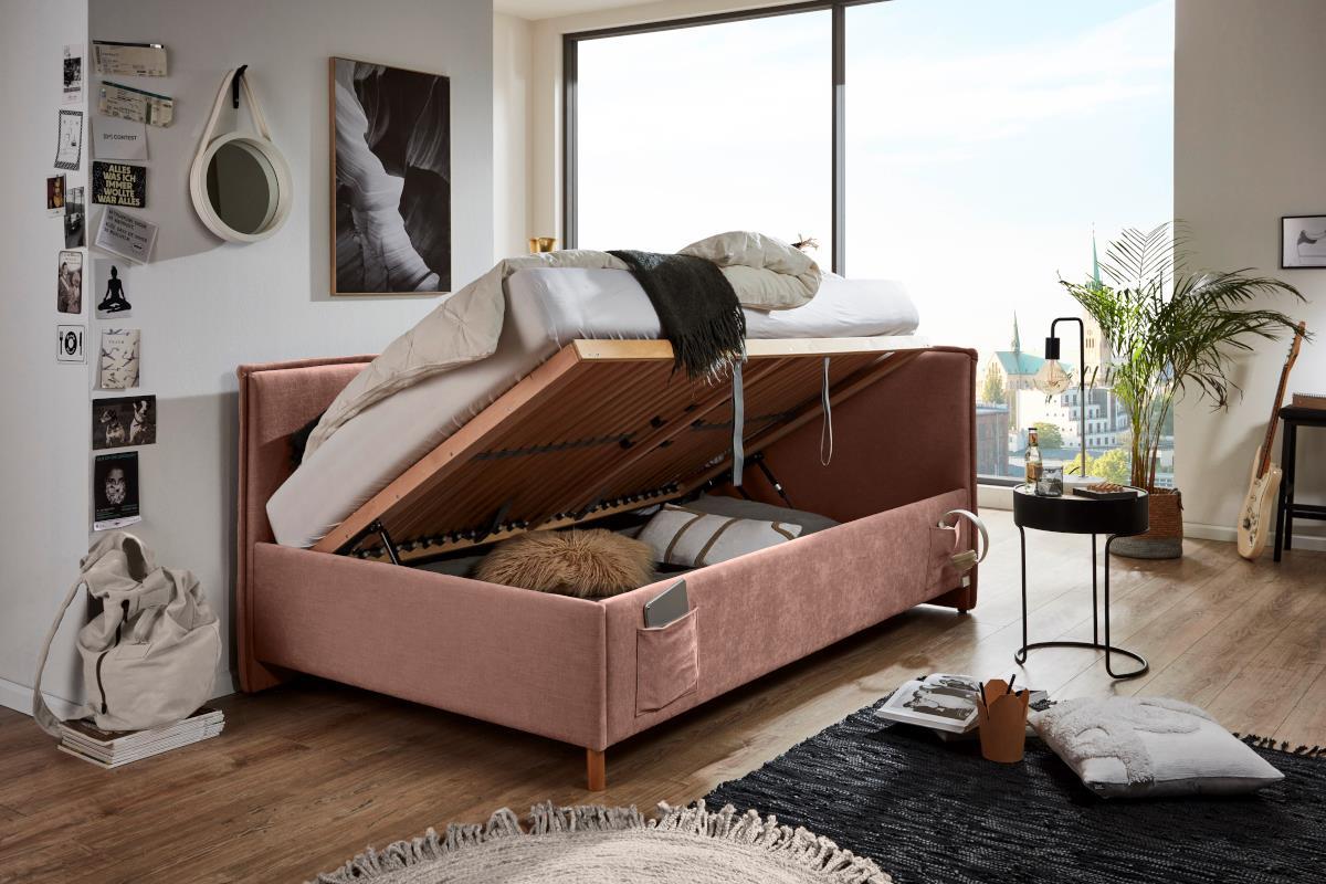 Gestoffeerd Opbergbed Fun 90/200 met rugleuning Oud-Roze