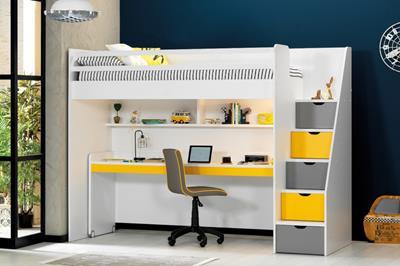 Neo grijs/geel/wit hoogslaper met groot bureau