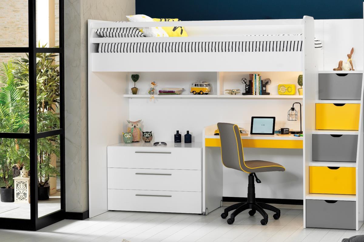 Neo grijs/geel/wit hoogslaper met smal bureau en ladekast