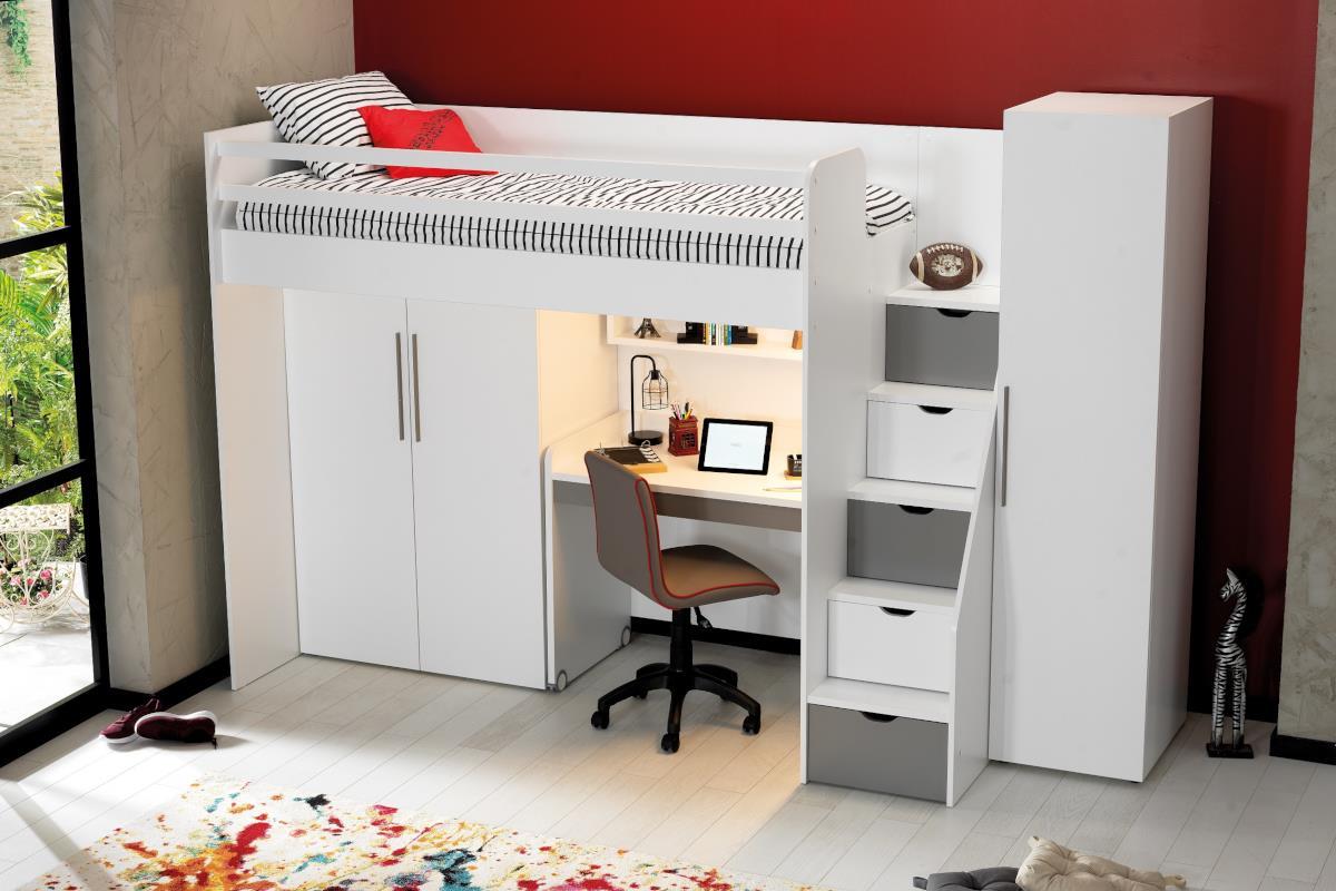 Neo grijs/wit hoogslaper inclusief smal bureau, kledingkast en 1-deurs kast