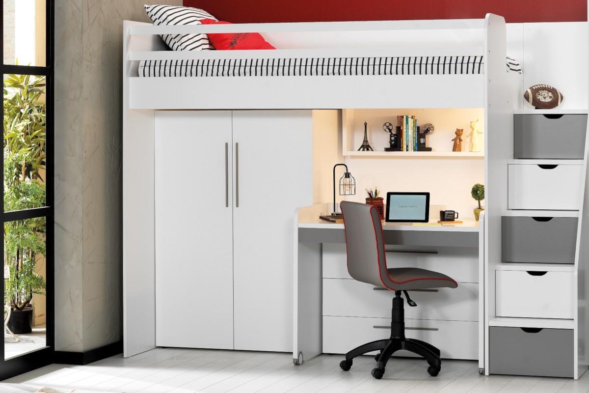 Neo grijs/wit hoogslaper met smal bureau, ladekast en kledingkast uitgeschoven