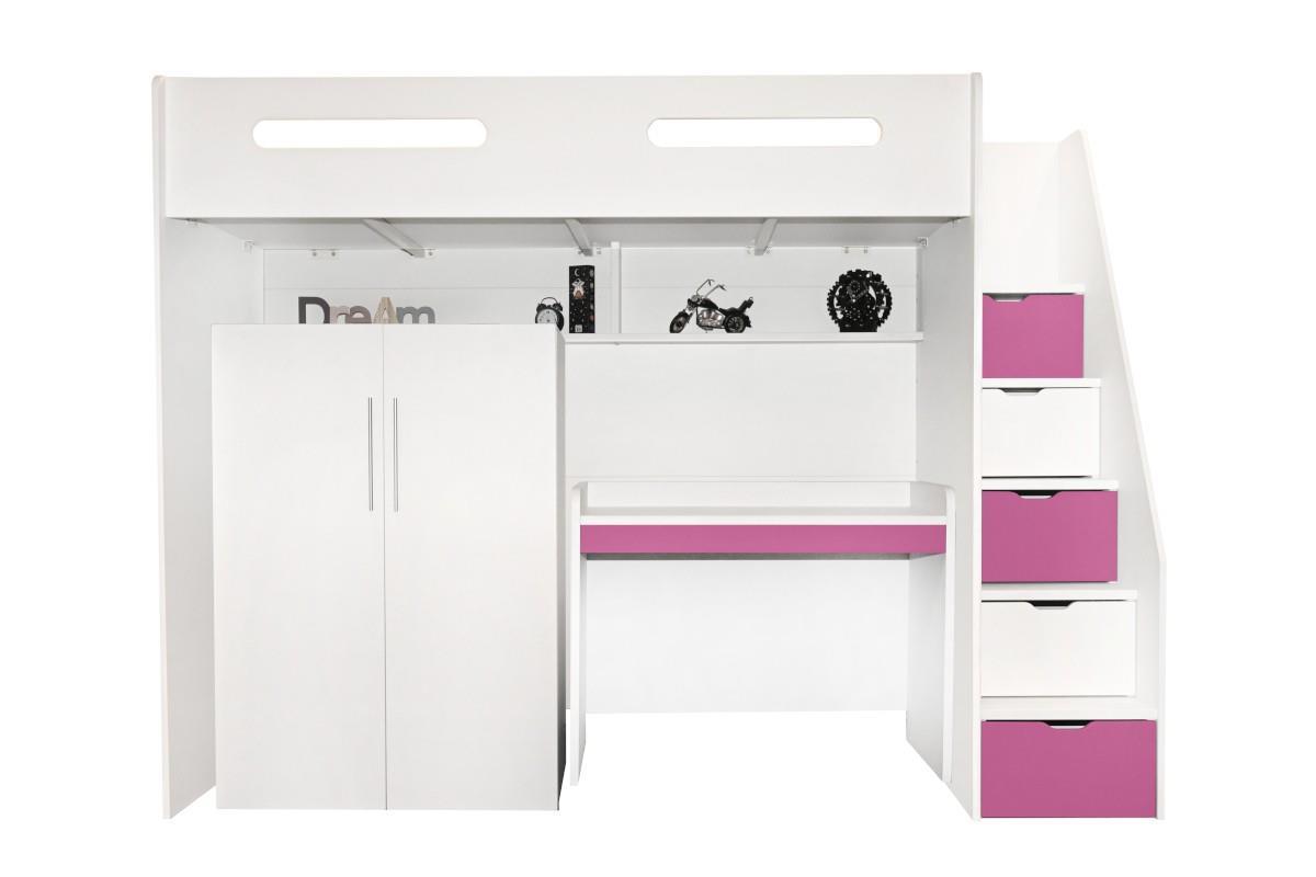 Options Hoogslaper Wit - Roze met kledingkast en bureau