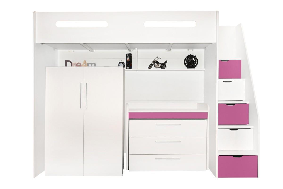Options Hoogslaper Wit - Roze met kledingkast, ladekast en bureau