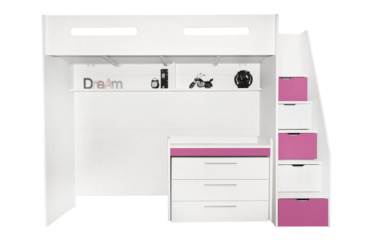 Options Hoogslaper Wit - Roze met ladekast en bureau