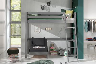 Pino mezzanine bed 90x200cm grijs sfeerimpressie met uitschuifbaar zetelbed