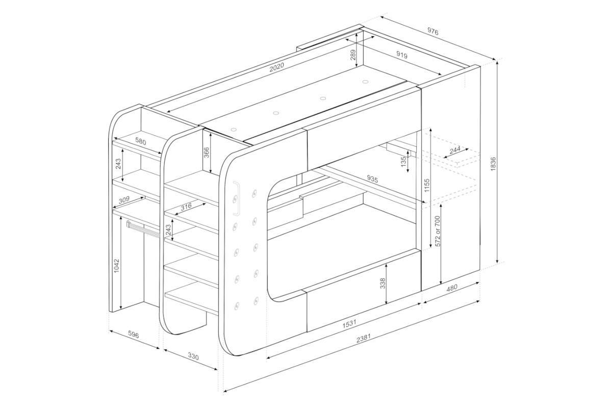 The Cube Gamingbed Hoogslaper 90/200 - Antraciet lijntekening