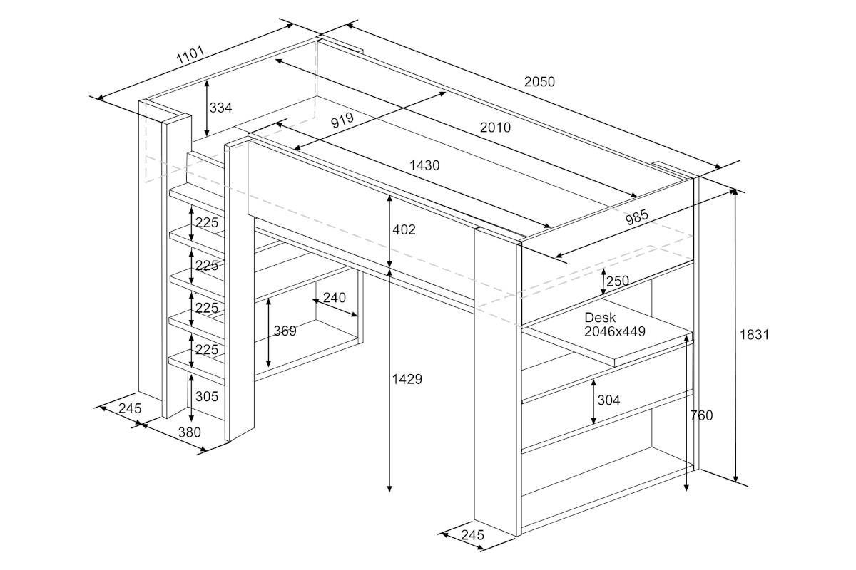 The Cube Gamingbed Hoogslaper - Antraciet lijntekening