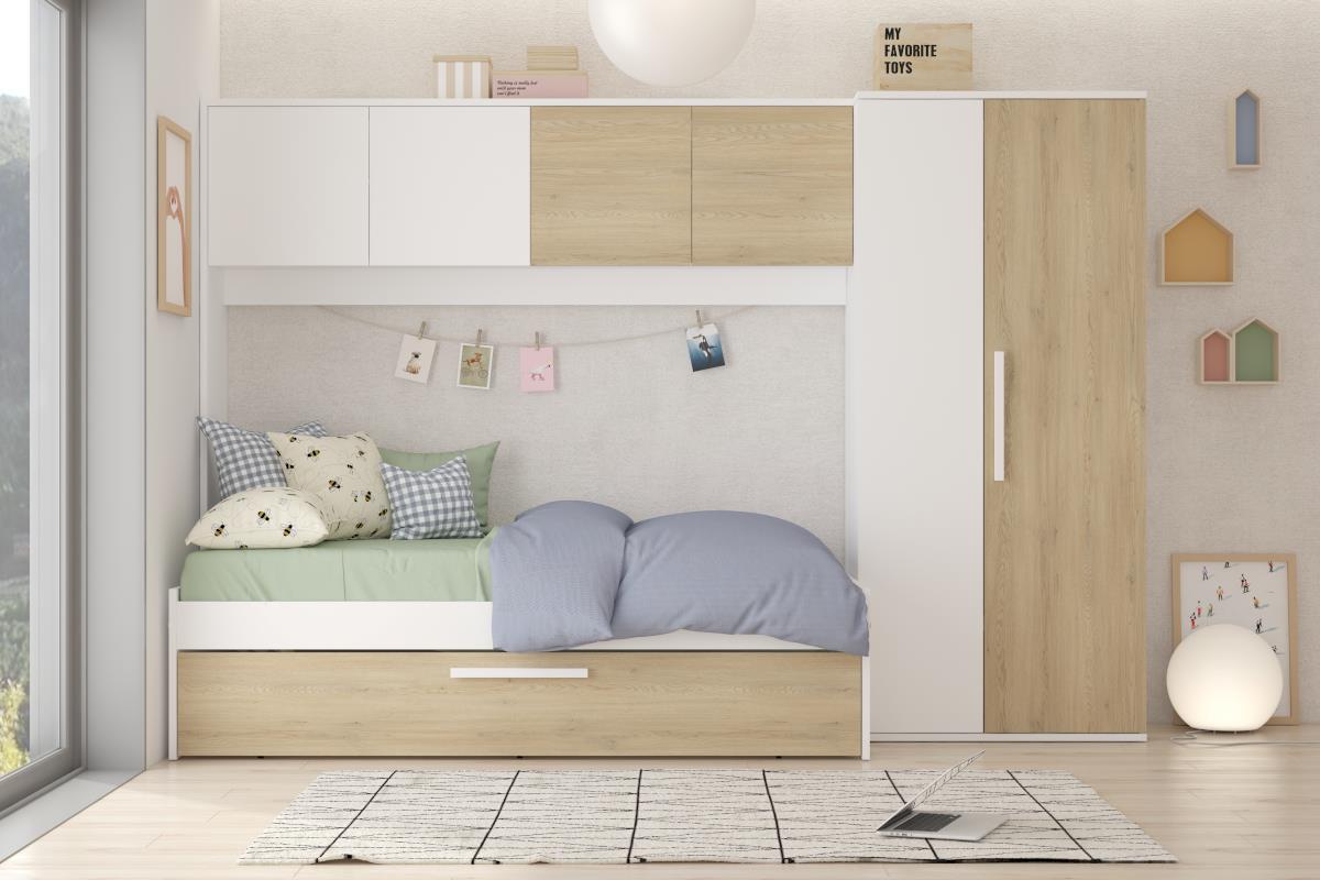 Artik Ledikant met Slaaplade en Brugkast - Licht Eiken en Wit