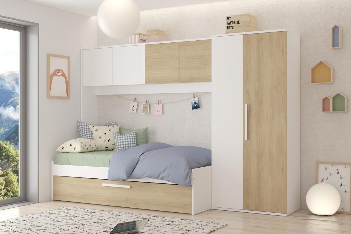 Artik Ledikant met Slaaplade en Brugkast - Licht Eiken en Wit