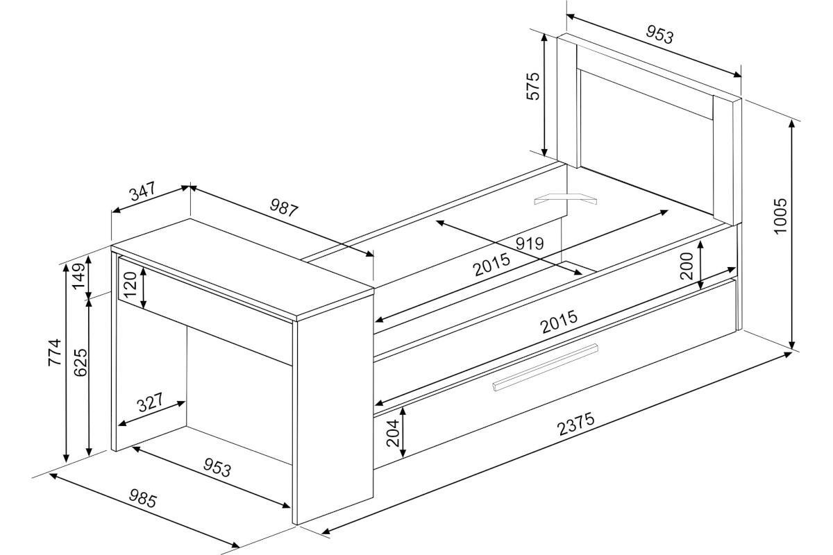 Bed Shipley 90/200 met Bureau en Bedlade Grenen Antraciet afmetingen