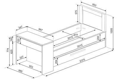 Bed Shipley 90/200 met Bureau en Bedlade Grenen Antraciet afmetingen