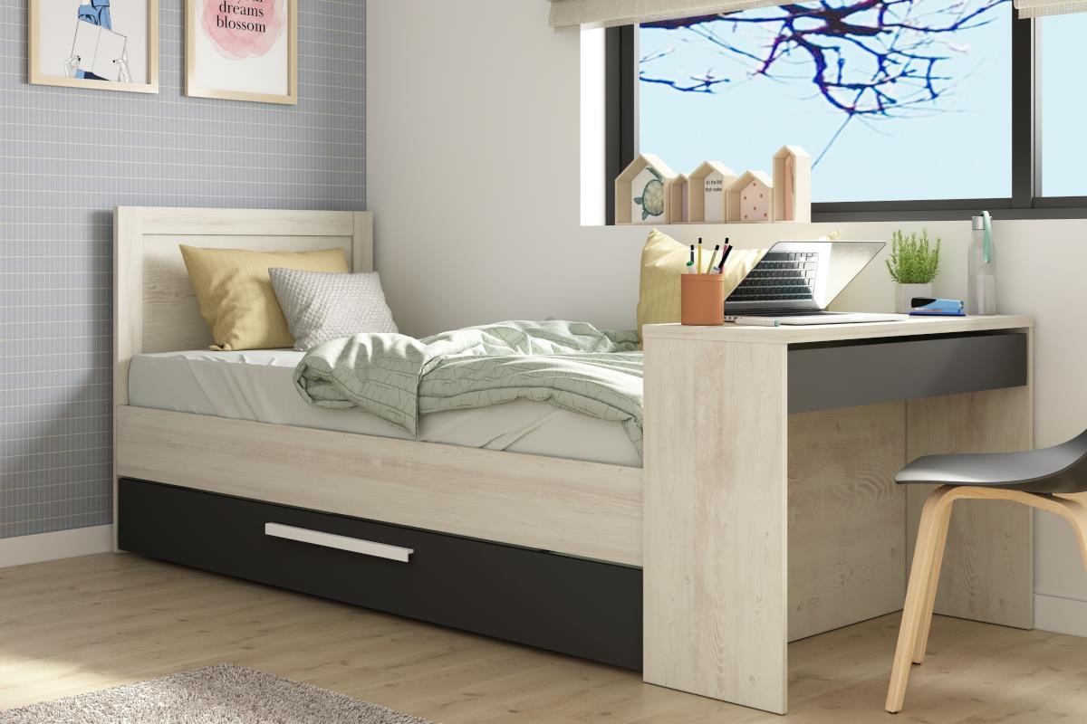 Bed Shipley 90/200 met Bureau en Bedlade Grenen Antraciet 