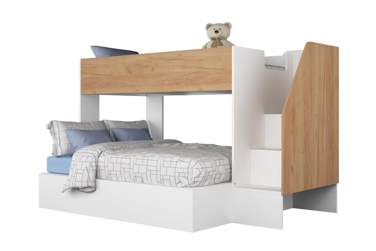 Easy 3-persoons Stapelbed Wit - Eiken zijaanzicht met decoratie