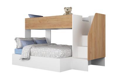 Easy 3-persoons Stapelbed Wit - Eiken zijaanzicht met decoratie