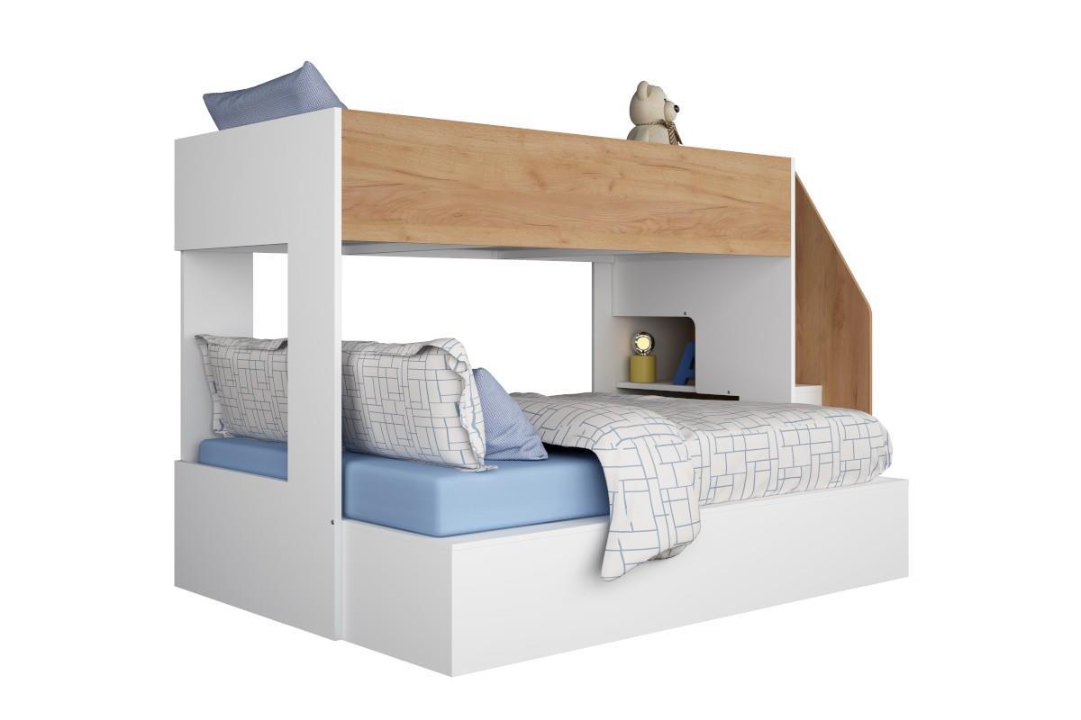Easy 3-persoons Stapelbed Wit - Eiken zijaanzicht met decoratie