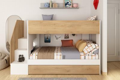 Easy Stapelbed met Opbergruimte Wit - Eiken sfeerfoto vooraanzicht