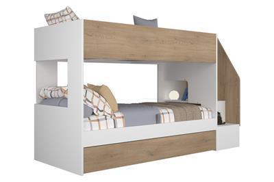 Easy Stapelbed met Opbergruimte Wit - Eiken zijaanzicht links met decoratie