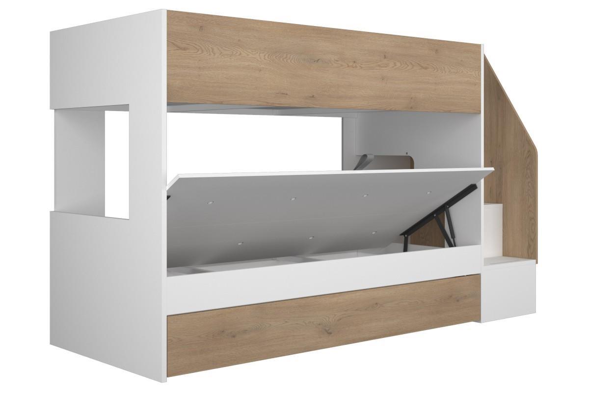 Easy Stapelbed met Opbergruimte Wit - Eiken zijaanzicht links open