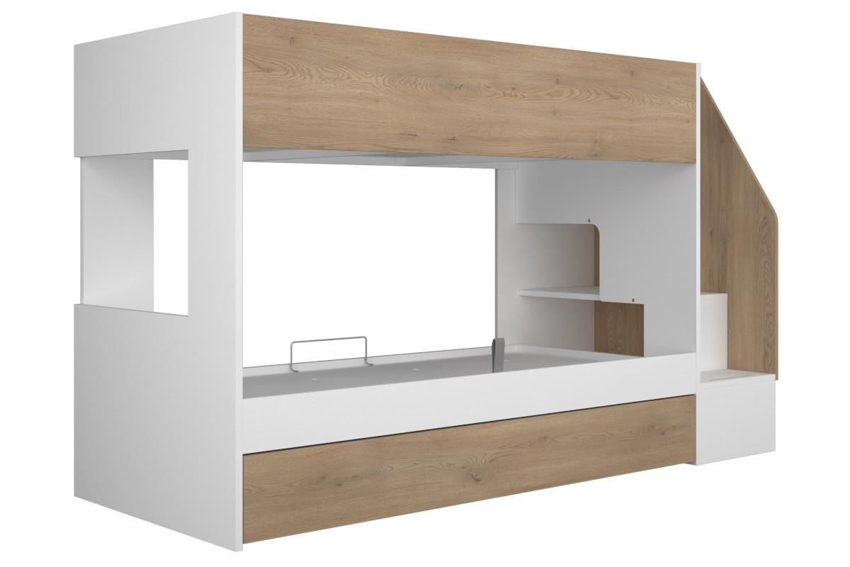 Easy Stapelbed met Opbergruimte Wit - Eiken zijaanzicht links