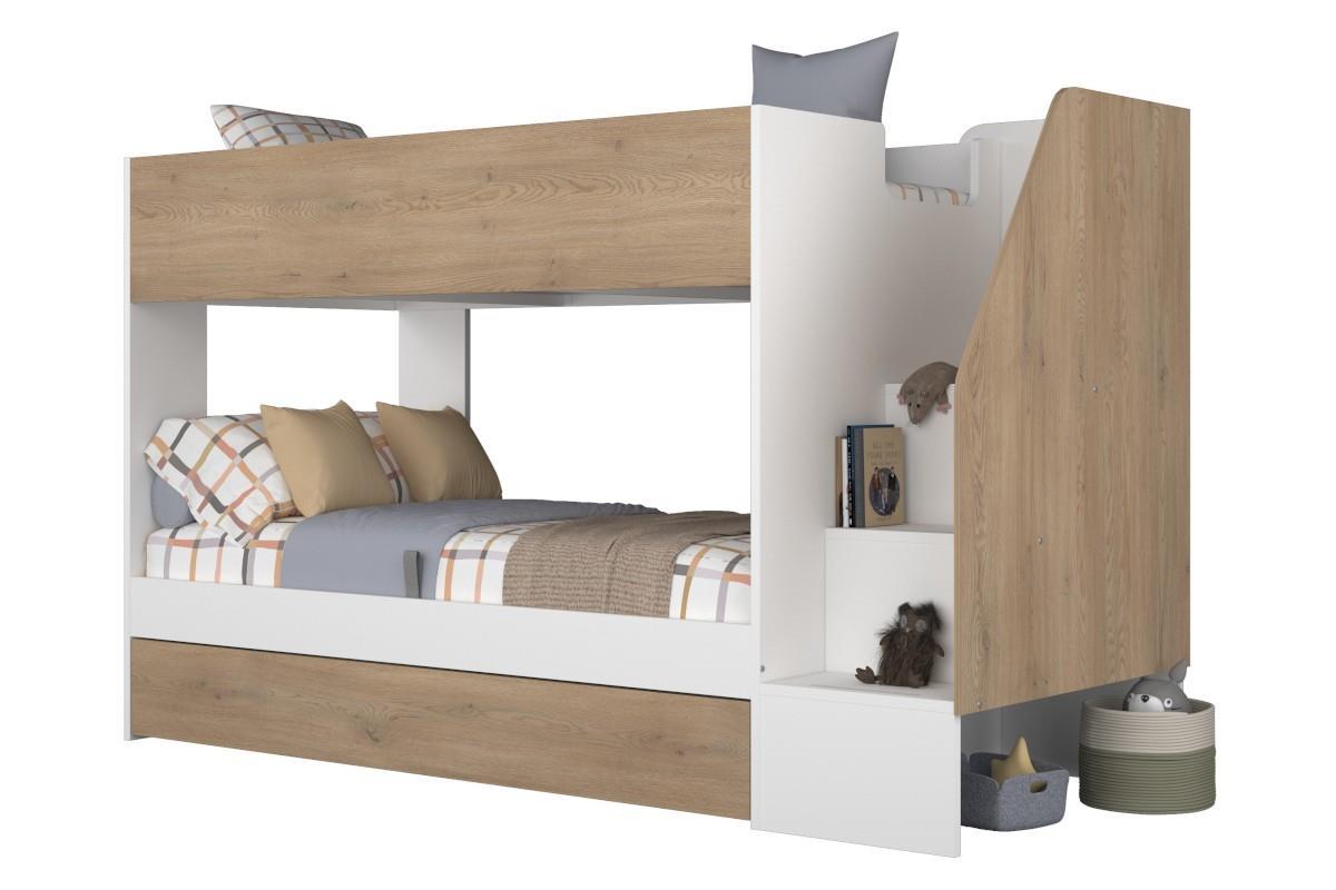 Easy Stapelbed met Opbergruimte Wit - Eiken zijaanzicht recht met decoratie