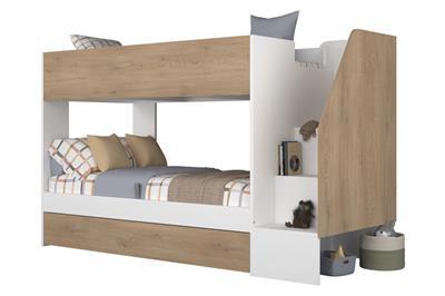 Easy Stapelbed met Opbergruimte Wit - Eiken zijaanzicht recht met decoratie