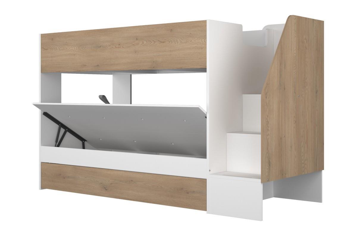 Easy Stapelbed met Opbergruimte Wit - Eiken zijaanzicht rechts open