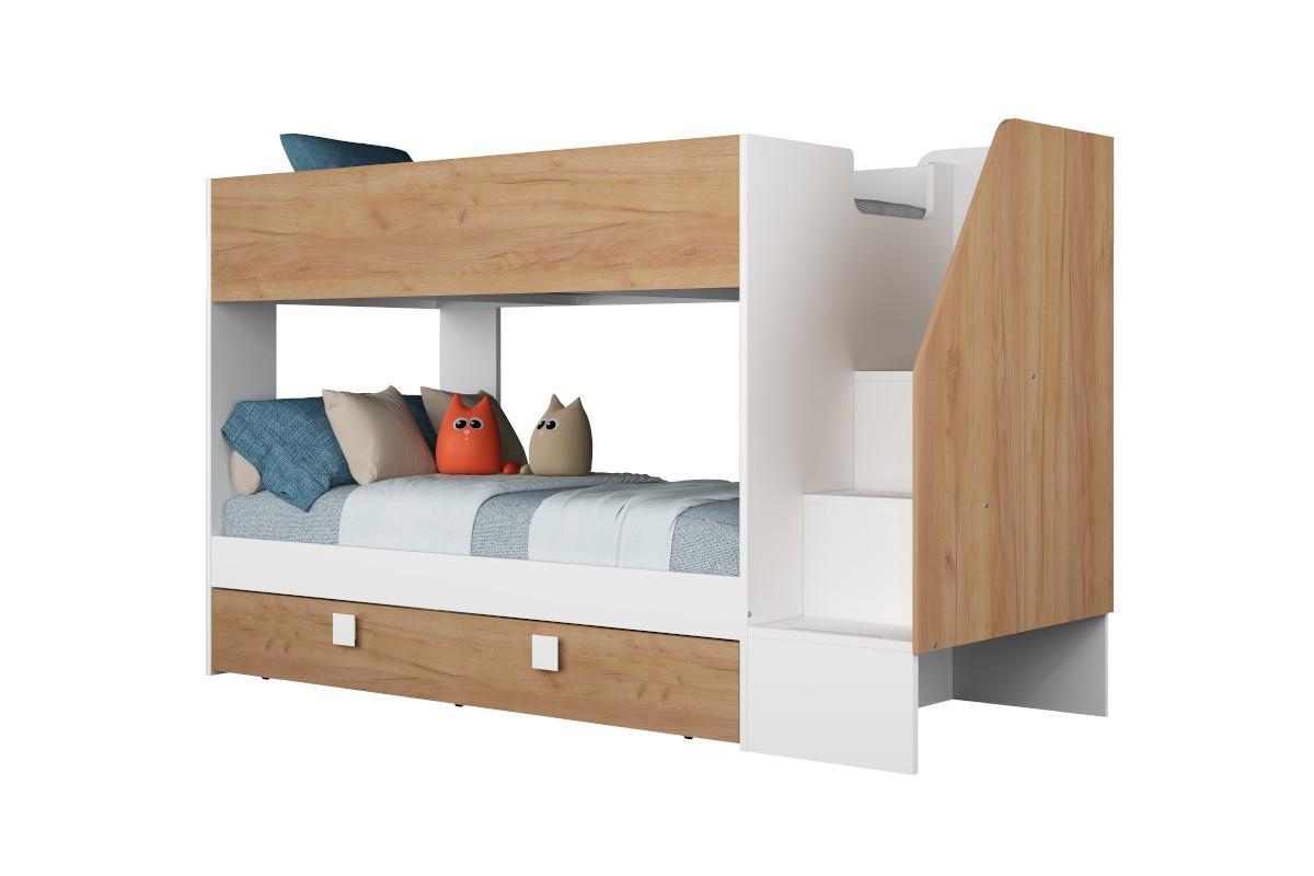 Easy Stapelbed met Slaaplade Wit - Eiken zijaanzicht met decoratie