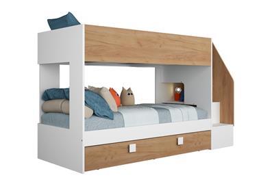 Easy Stapelbed met Slaaplade Wit - Eiken zijaanzicht met decoratie